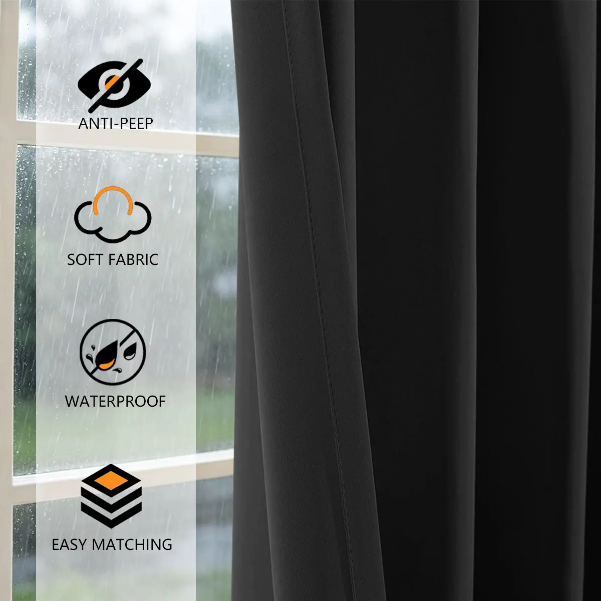 Modern Minimalist Black High Precision Waterproof Eyelet Curtains,2 Panels Light Blocking Outdoor Indoor Window Drapes for Patio Porch Bedroom Living Room