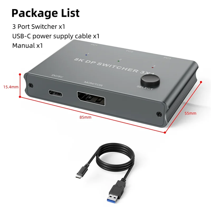 محول A31R-DP مزود بثلاث مدخلات ومخرج واحد لشاشة الكمبيوتر 8K@30 هرتز HD Splitter DP1.4 Switcher