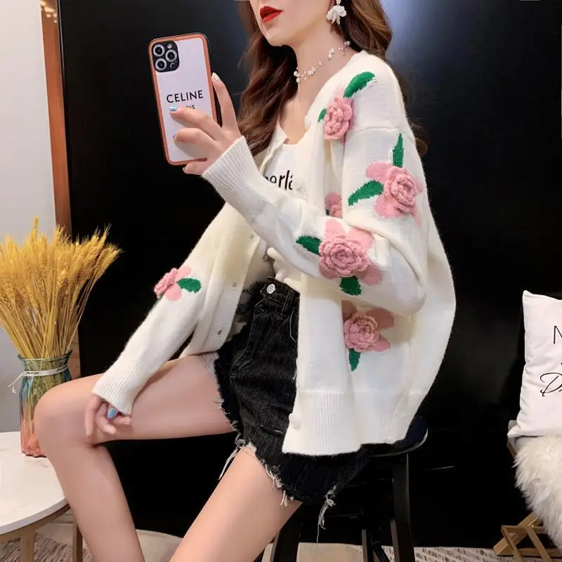 Sweater Female 2023 Spring and Autumn Knitwear Women Heavy Industry Rose Blossom Embroidery Contrast Sweater Coat Cardigan