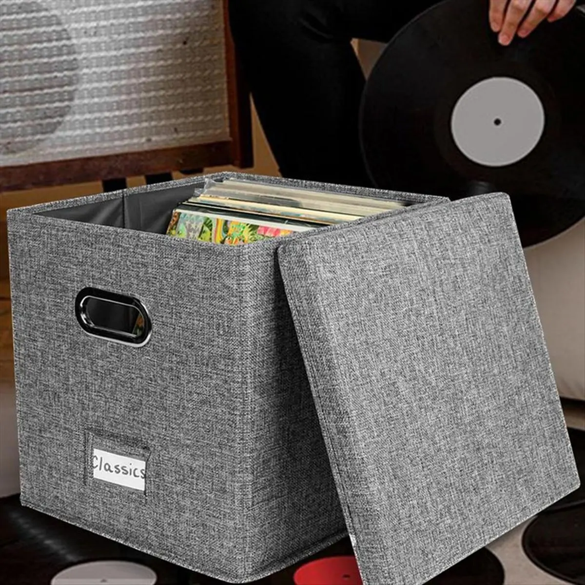 HITL Vinyl Record Storage Box with Lid and Handles, LP Record Organizer, Stylish Home Decor, Protective Album Holder