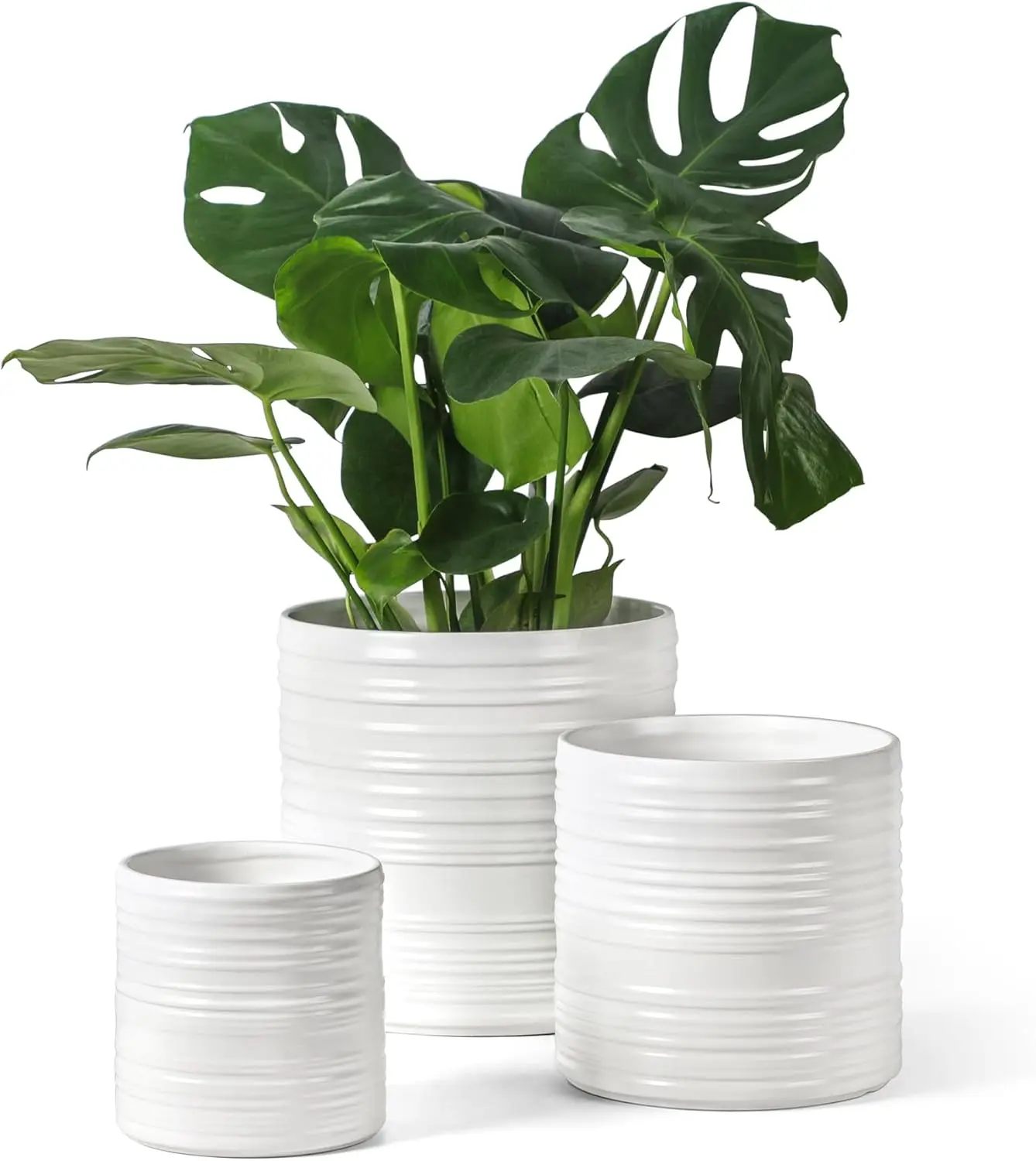 

Набор из 3 белых керамических горшков для растений с дренажем, современный полосатый дизайн для использования в помещении и на улице