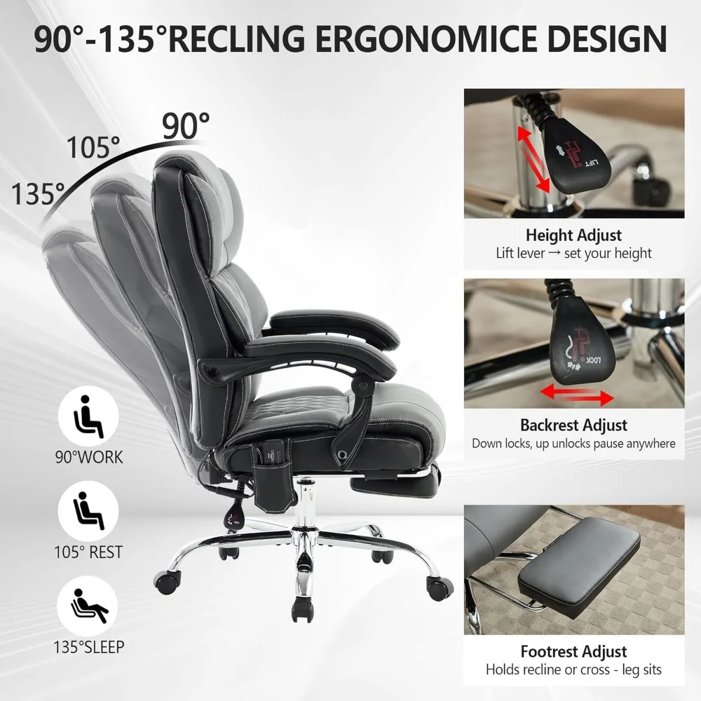 كرسي مكتب التدليك 6 نقاط 500 رطل مع مسند للقدمين، كرسي مكتب جلدي مستلق مع حرارة الاهتزاز، كرسي تنفيذي كبير وطويل #4