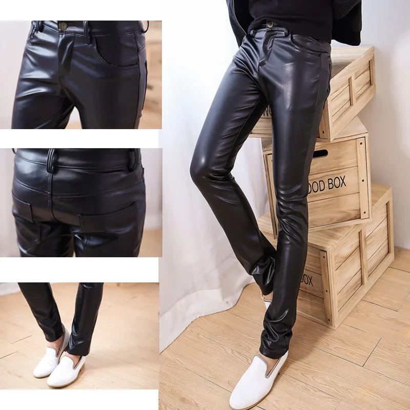 Male Leather   Pants Male Slim Leather Pants Men\'s Clothing PU Pants Male