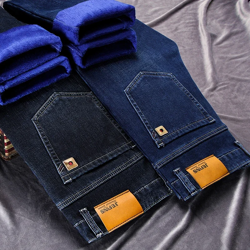 2025 Winter Thermal Warm Flannel Stretch Jeans Mens Quality Fleece Pants Men Straight Flocking Trousers Jean Big Size 44