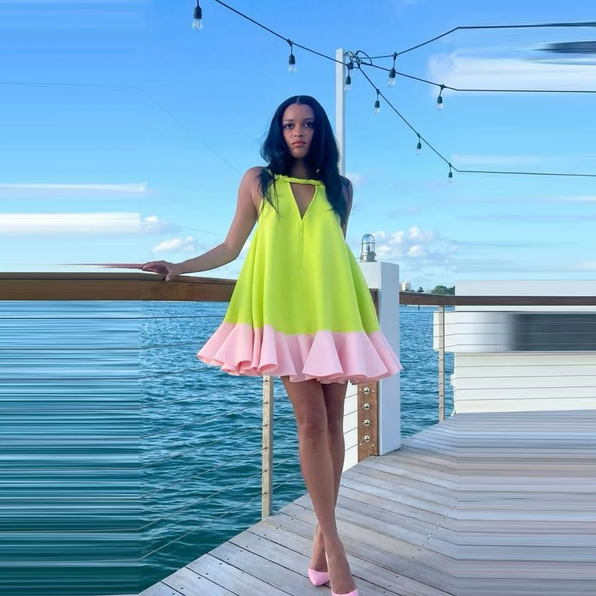 

Green&Pink Summer Birthday Dresses Loose V Neck Zipper Back Yong Girls Party Dress Short Homecoming Gowns