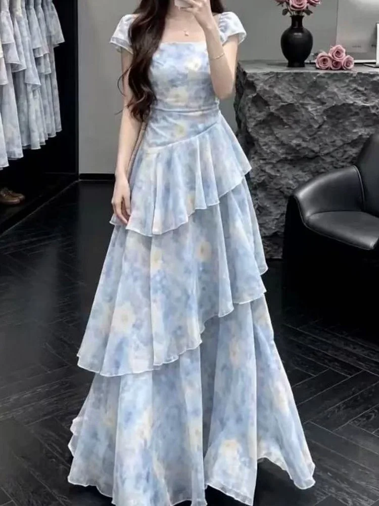 Summer Floral Print Cake Skirt Dress Square Collar Splice Uneven Hemline Slimming Effect Girls Fashion Long Dress