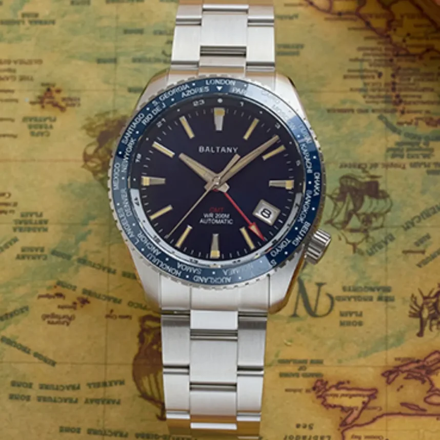 

Мужские автоматические часы Baltany, 40 мм, GMT, механические наручные часы, сапфировое зеркало, водонепроницаемые до 200 м, светящиеся, NH34, безель с мировым временем