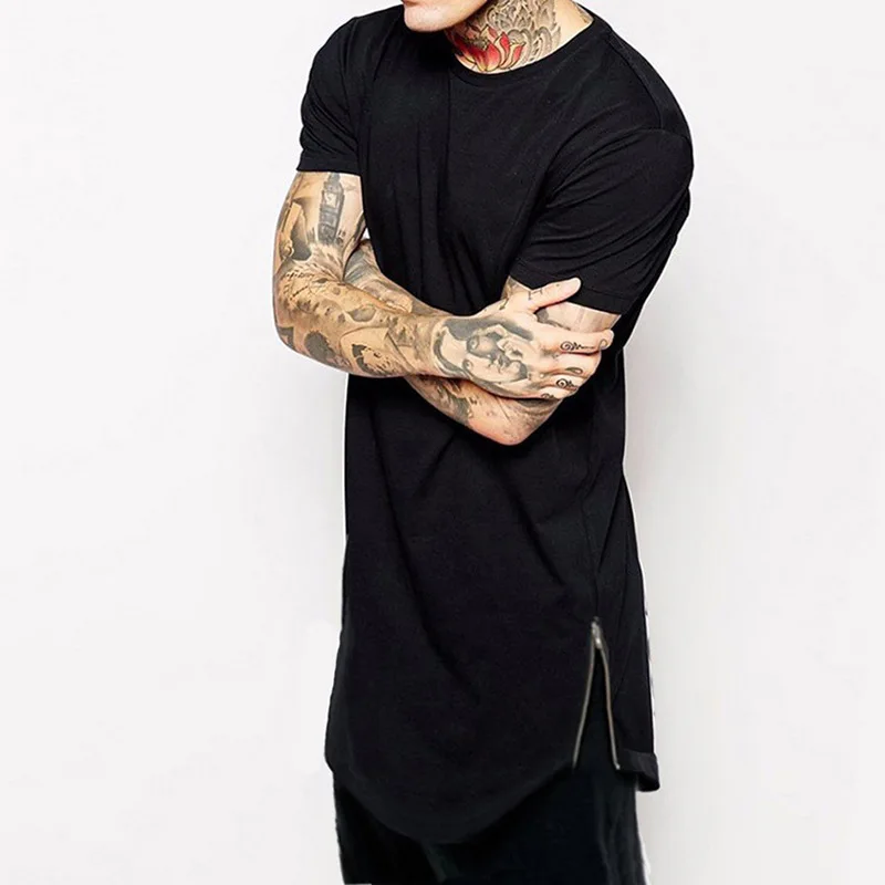 2025 White Casual Long Size Mens T-Shirts Hip Hop Tops Extra Long Tee Shirts For Male Longline Side-zip round-neck T-shirt