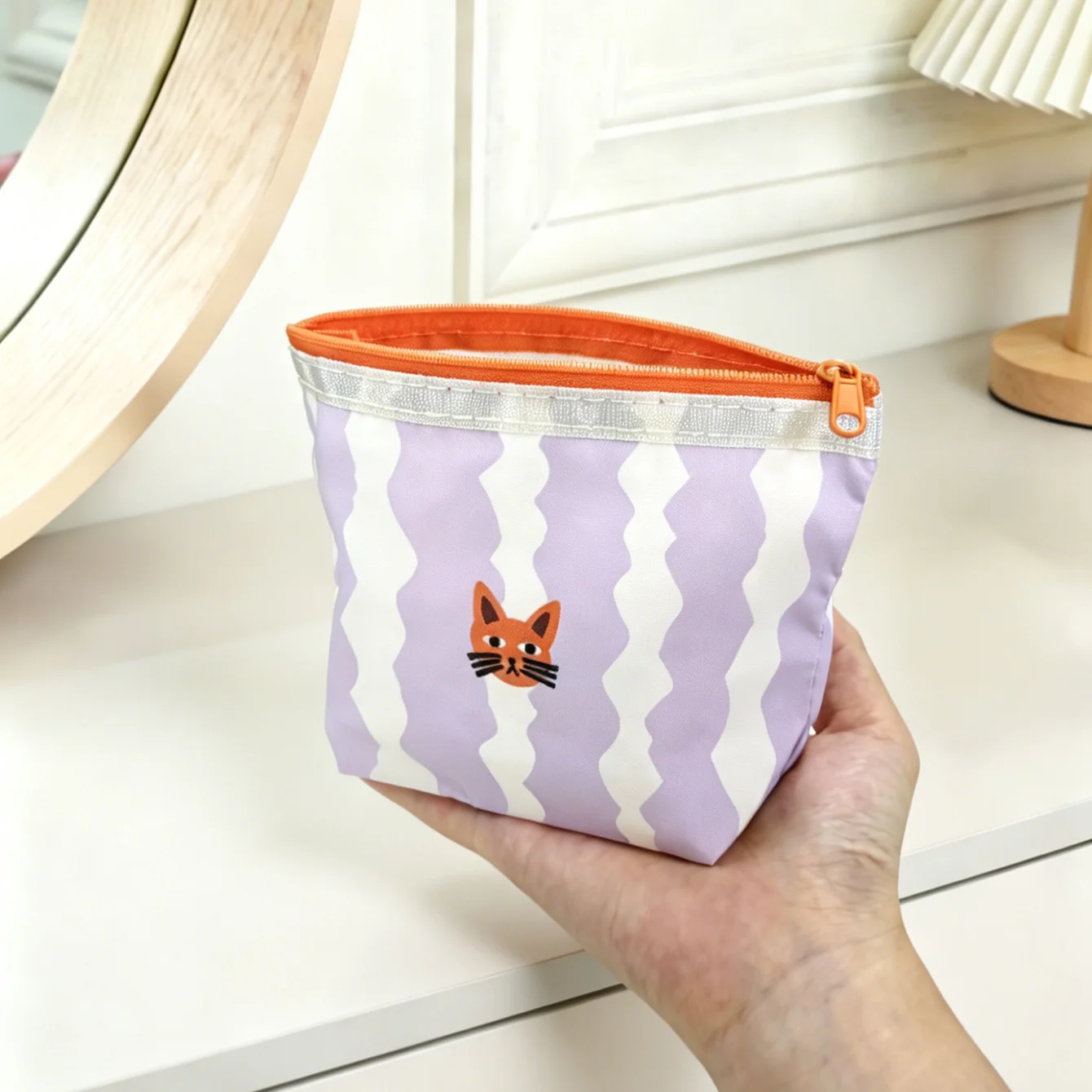 Wavy Stripe Cartoon Cat & Koala Zipper Makeup Bag, Fresh Color-block Portable Pouch for Lipstick, Skincare, Cables & Daily Sundr