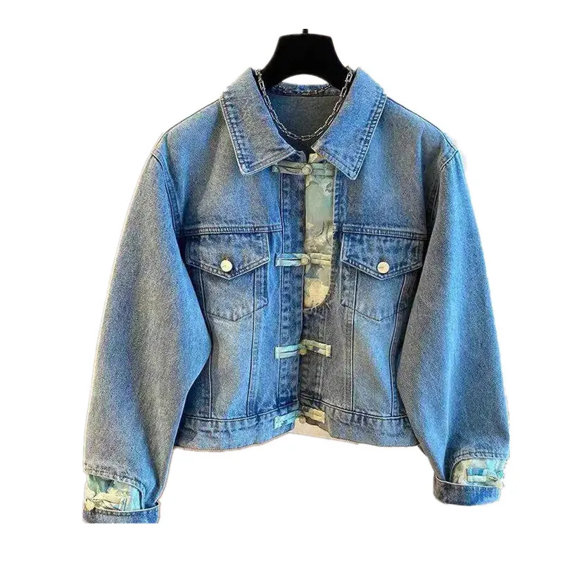 Autumn new Denim Jacket Women Casual splicing Jeans Coat Loose Washed Vintage Long Sleeve Dial buckle Cowboy Outwear Female T324