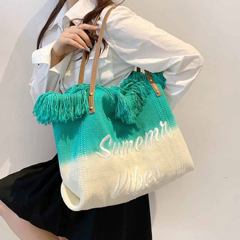 Tote Shoulder Bags 2023 NEW Fabric Tassel Handbag Casual Shopping Large Capacity Bags for Women Upgrade Your Style All-match