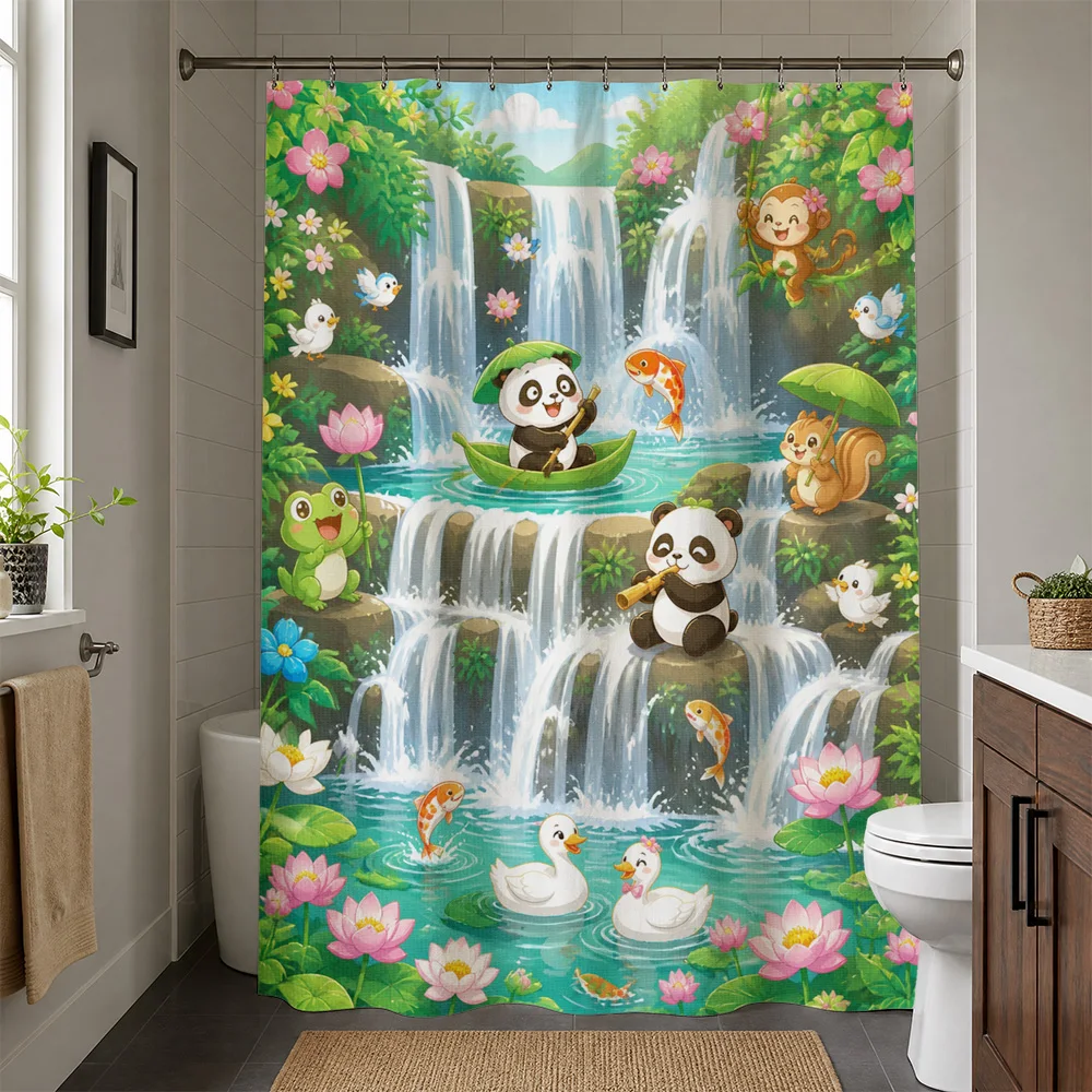 Waterproof Cute Panda Animal Waterfall Shower Curtain Tropical Jungle Watercolor Cartoon Bathroom Decor Screen Novelty Houseware