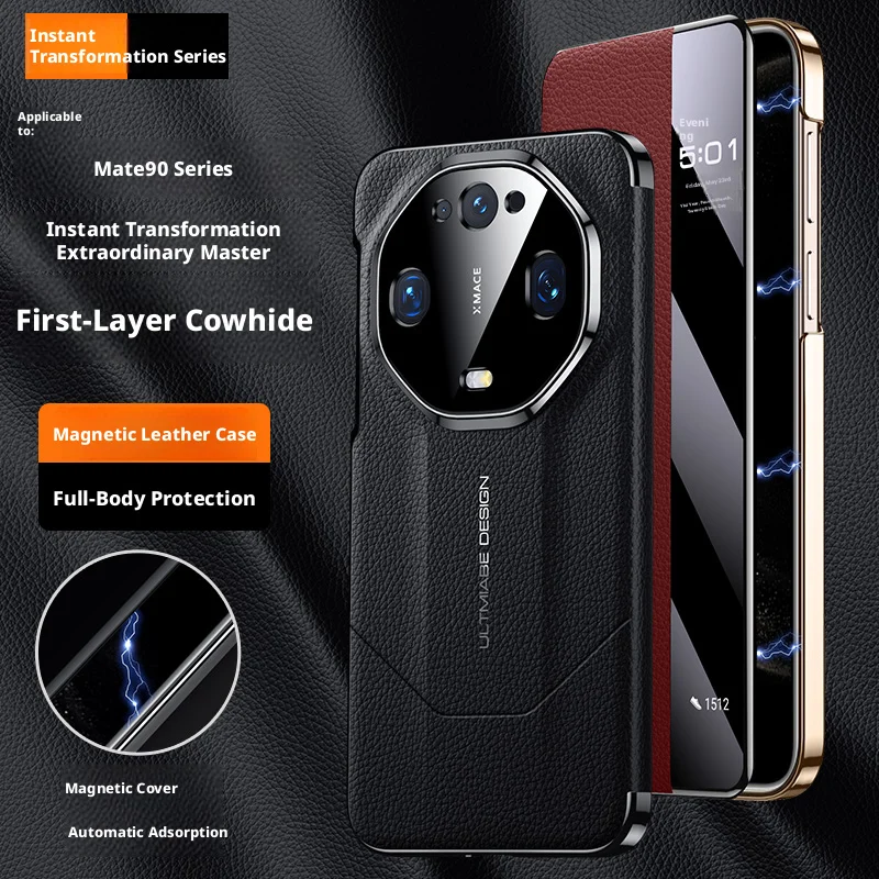 Luxury Genuine Leather Smart Window UMTMIABE DESIGN Case For Huawei Mate 90/90 Pro/Mate 90 Pro Max/Glass Lens Protection Cover