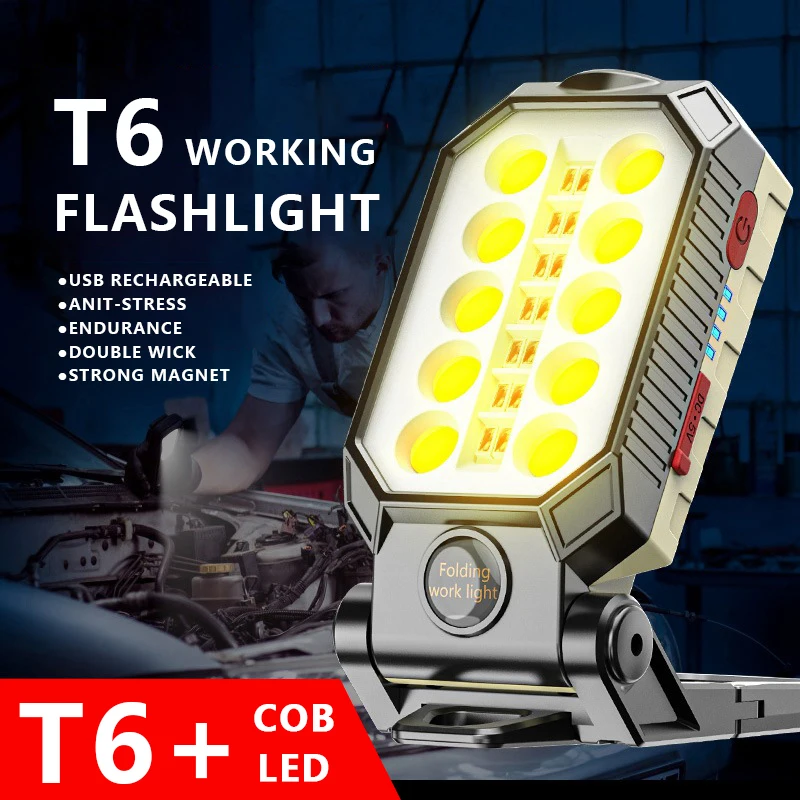 LED COB Work Light Portable Rechargeable Flashlight Magnetic Waterproof Camping Lantern Magnet Design with Power Display