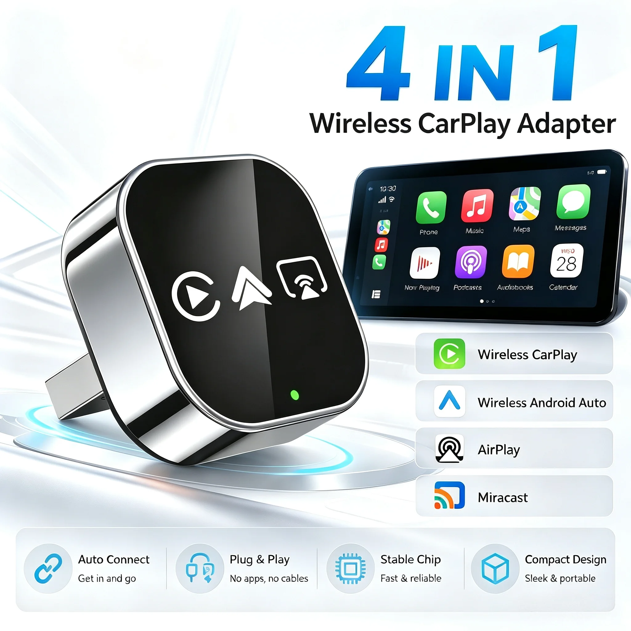 Adaptateur sans fil 4 en 1 pour voiture, Dongle USB, Plug & Play, WiFi, Bluetooth, pour iPhone, Carplay, Airplay, Android, connexion Mirrorlink