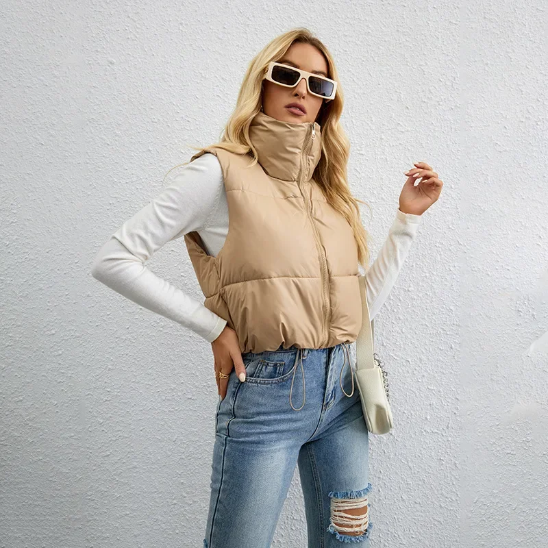 Women Parkas Sleeveless Solid Vests Zipper Short Coats Turtleneck High Street Outerwear Cardigan Casual Parka Autumn 2024