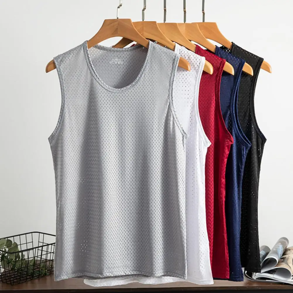 

Men Tops Ice Silk Vest Outer Wear Quick-Drying Mesh Hole Breathable Sleeveless T Shirts Summer Cool Vest Beach Travel Tank Top