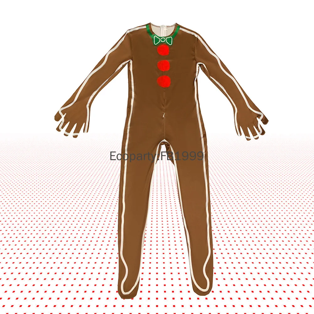 Adult Kids Gingerbread Man Cosplay Costume Boy Girls Christmas Brown Gingerbread Cookie Jumpsuits Outfit Purim Carnival Dress Up view 4