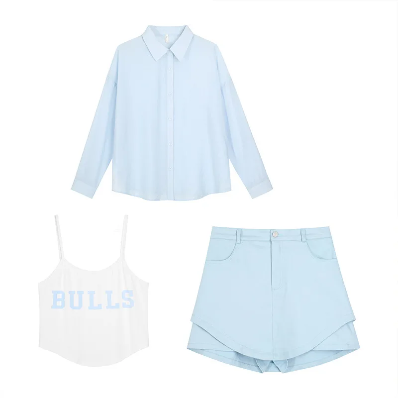 2024summer Cool Blouse Large Size Thin Blue Shirt 투피스 Camisole Vest Short Skirt Outerwear Three Piece Women's Set 투피스 Skirts Set