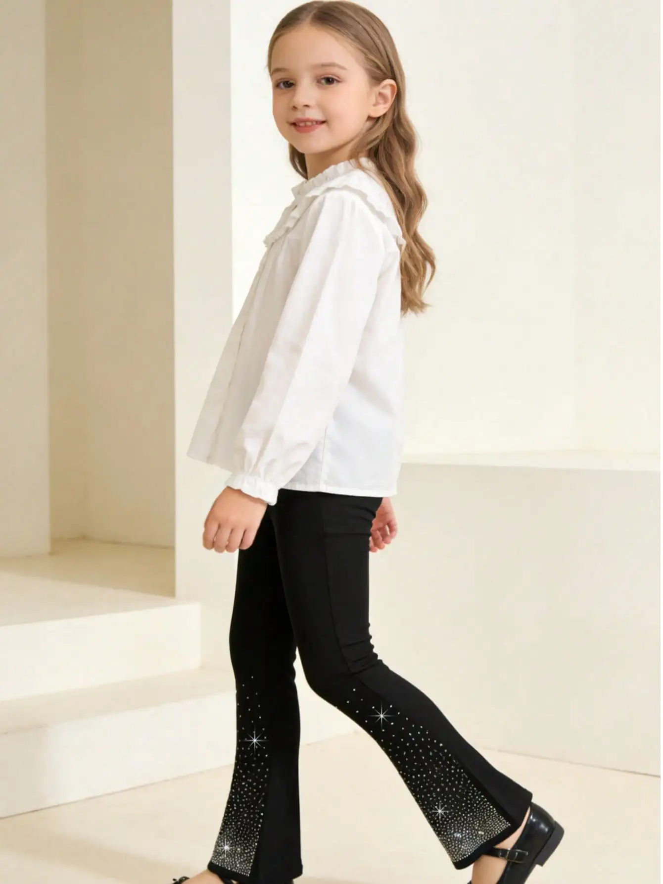 1/3-teilige Mädchen-Hose mit glitzernden Strass-Details, 2–11 Jahre, elastische Taille, Schlaghose, Polyester, Spandex, lässige lange Hose – Detail 8