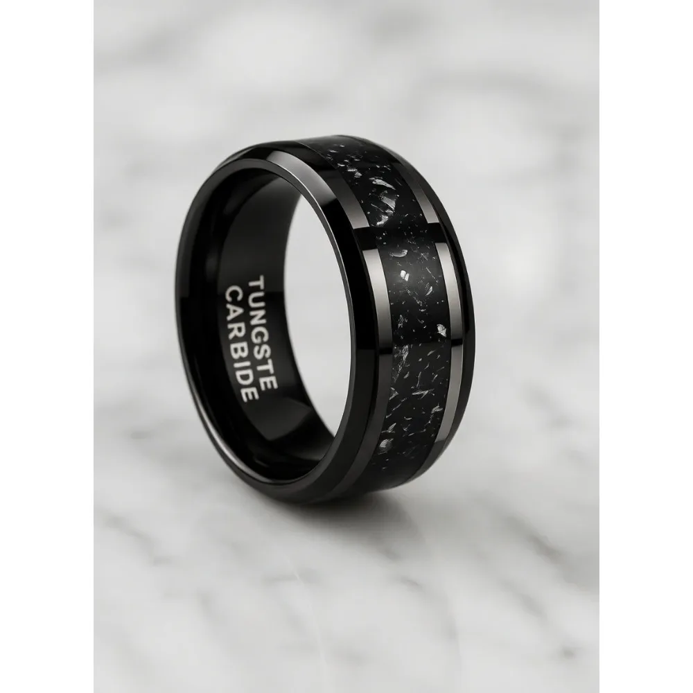 

Кольца из вольфрама 6 мм и 8 мм, серебристо-черные, с инкрустацией метеоритом, обручальные/помолвочные, с фаской, полированные, комфортная посадка, унисекс