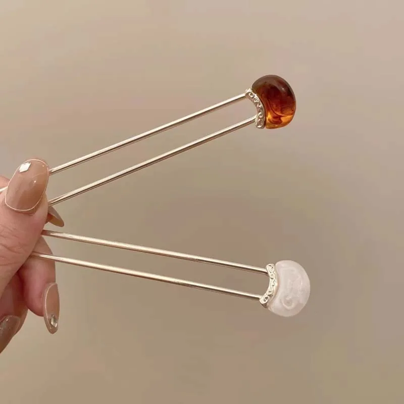 

New Chinese Style Metal U-shaped Hair Sticks For Women Girls Fashion Oval Resin Hairpin Bun Styling Tools Hair Accessories