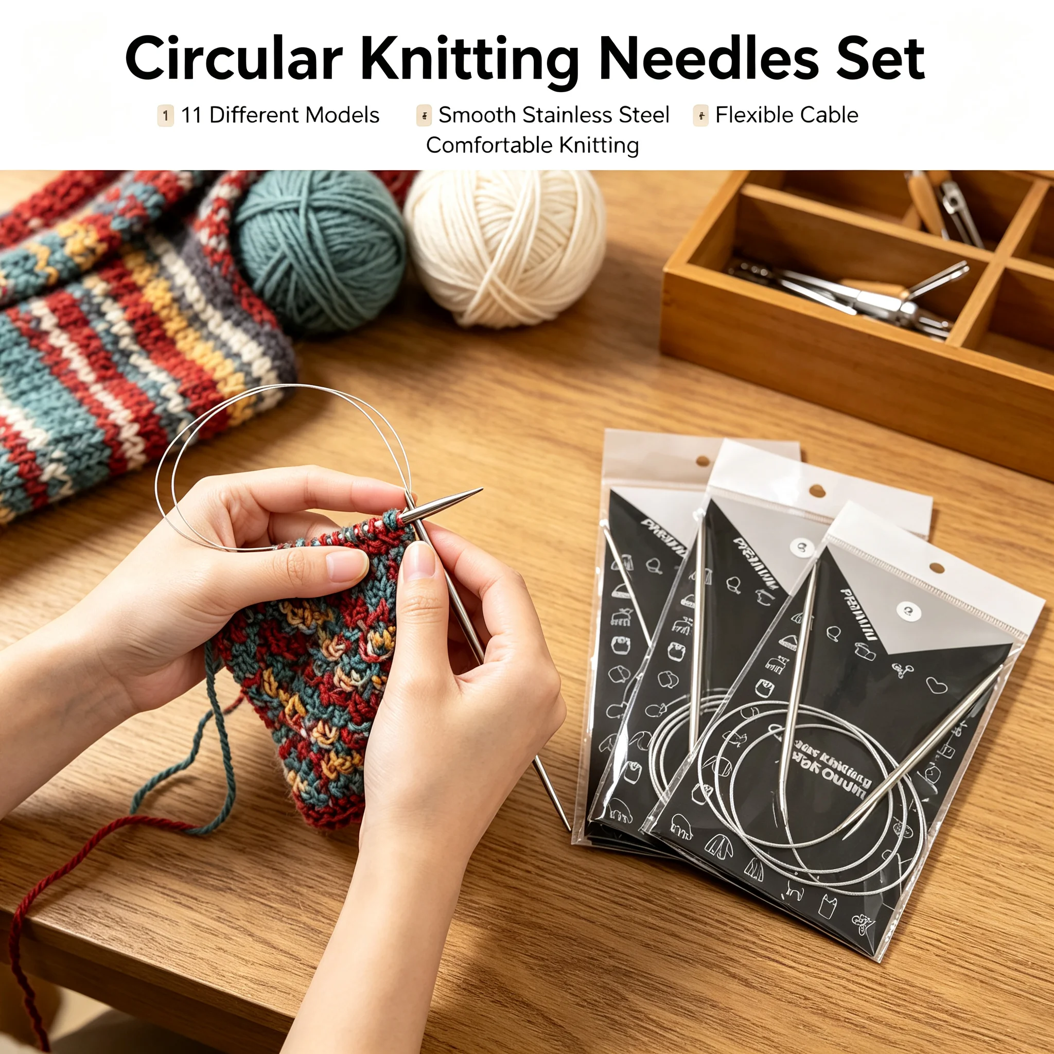 11Pcs Stainless Steel Circular Knitting Needles Set with Flexible Tube round Knitting Pins in Sizes 43/65/80/120cm for Handmade