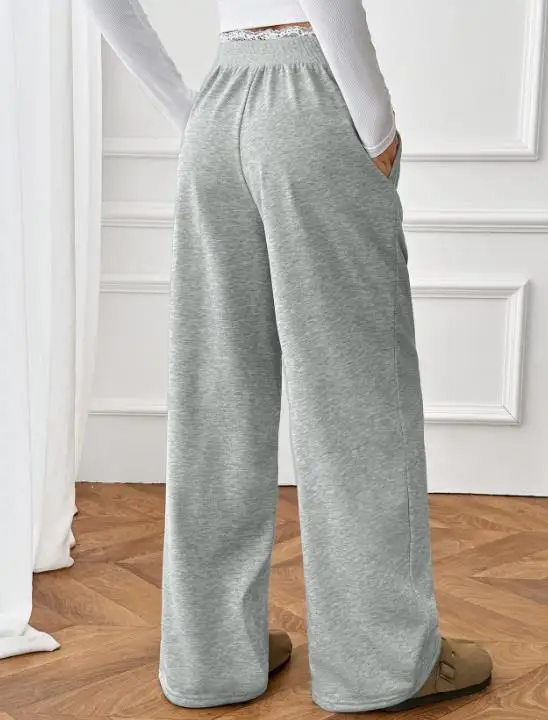 

Women's Fashion Long Trousers Autumn New Female Daily Clothing Lace Splicing Fake Two Piece Casual Straight Pants for Women