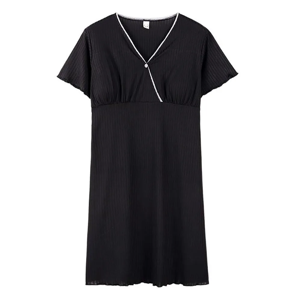 Women\'s Nightgown Plus Sized Short Sleeve V-Neck Nightshirts Solid Color Loose Pajamas Dress With Pad Casual Sleepwear