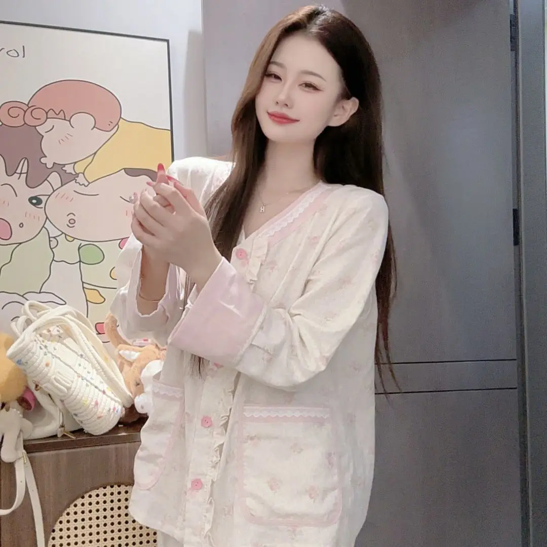 

Spring Autumn Thin Pajamas Long Sleeves Trousers Sleepwear Female Skin-Friendly Lounge Clothes Wear Outside Homewear Tops