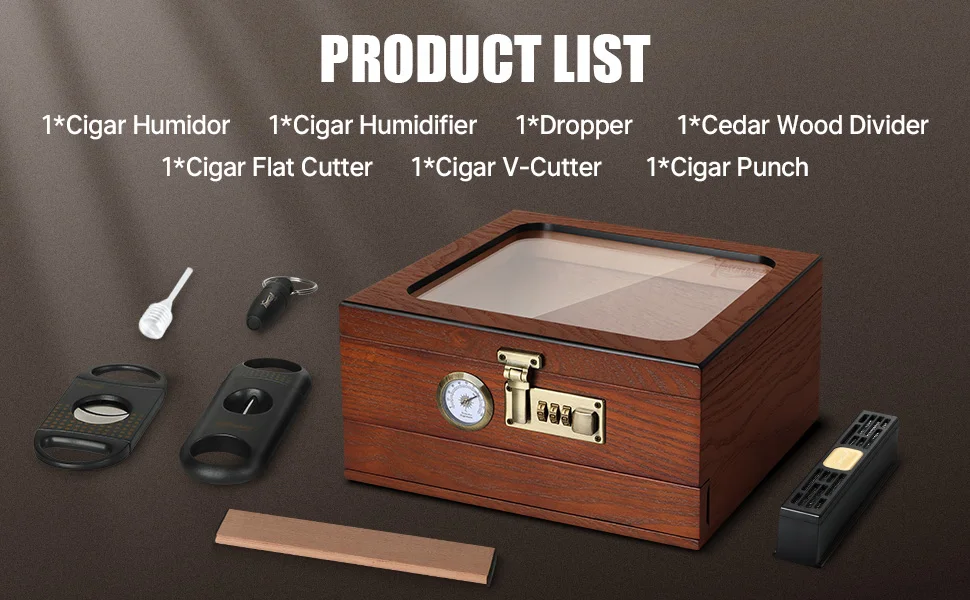 Zigarren-Humidor, Zedernholz-Humidor, Zigarrenbox, Glasplatte, Desktop-Humidor mit Front-Hygrometer, Luftbefeuchter, Teiler, Zubehör, Schublade – Detail 13