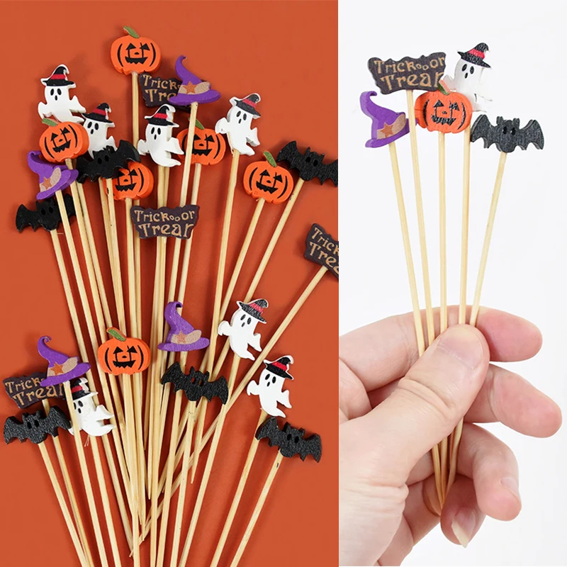 50/100Pcs Halloween Disposable Bamboo Toothpick Pumpkin Buffet Cake Fruit Fork Skewers For Halloween Party Decor Cocktail Picks