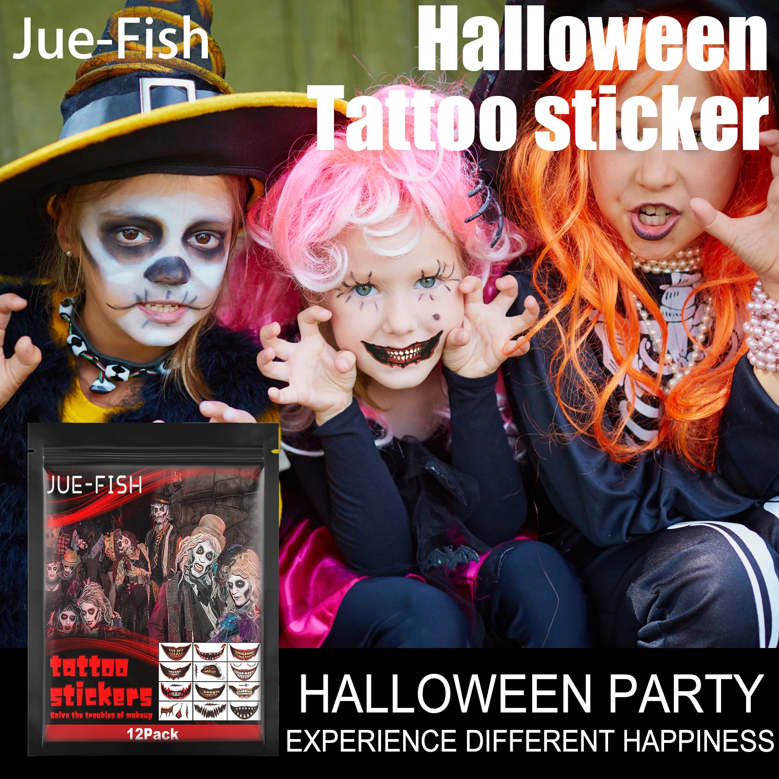

Jue-Fish Halloween Temporary Tattoos 12 Pack Scary Mouth Designs Costume Party Waterproof Face Body Art Stickers Easy Apply