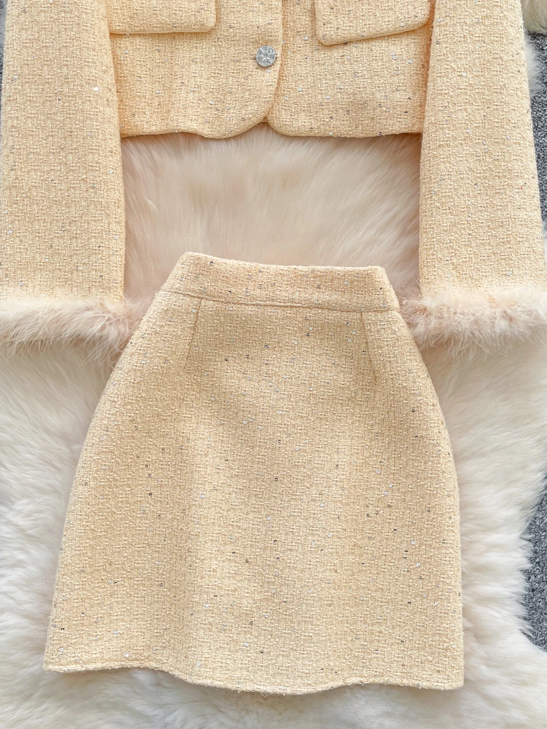 French Elegant Beaded Tweed Two-Piece Set Women Faux-Fur Trim Short Jacket + High-Waist Bodycon Skirt Winter Soft Luxury Outfit