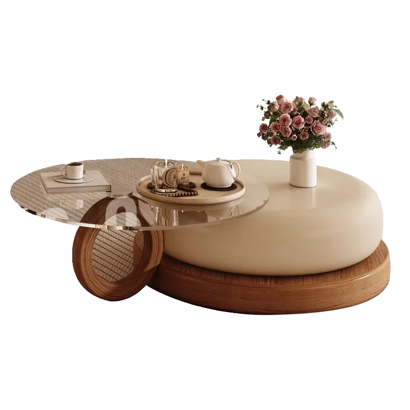 

LNew Cream Wind Coffee Table Living Room Household Premium Simple Medium and Ancient Log Round Tea Table