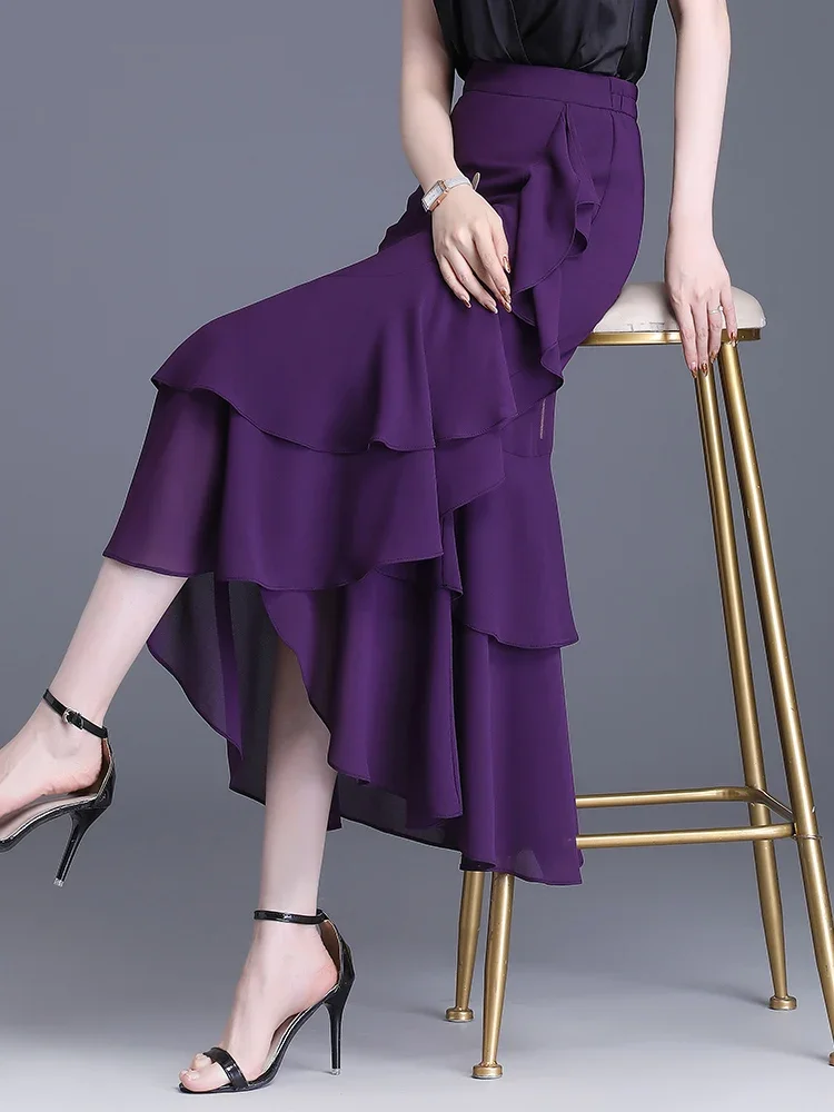 Fashion Irregular Fishtail Chiffon Skirts Elegant High Waist Summer Luxury Party Skirt Female Ruffles Long Skirts