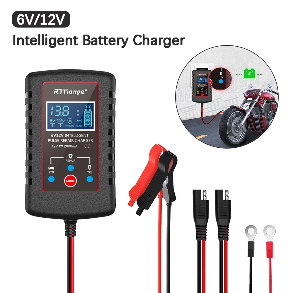 Smart Battery Charger For Motorcycle Lawn Mower Car Automatic Float Charger 6V 12V Switch ASE Adapter Cable Multiple Protections