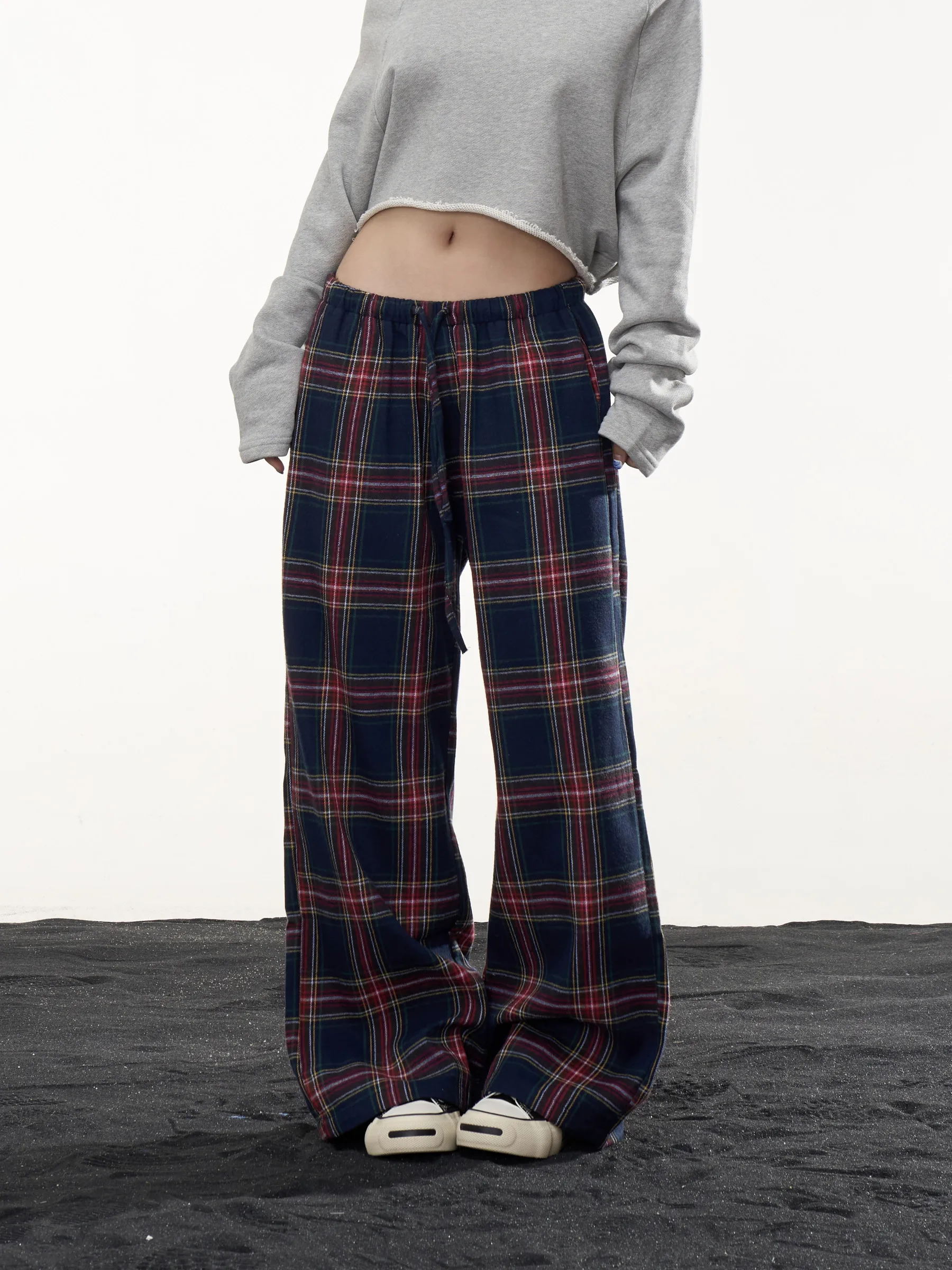 Retro American Color Block Plaid Wide Leg Pants Women Loose Drawstring Casual Straight Tube Long Trousers Autumn Season