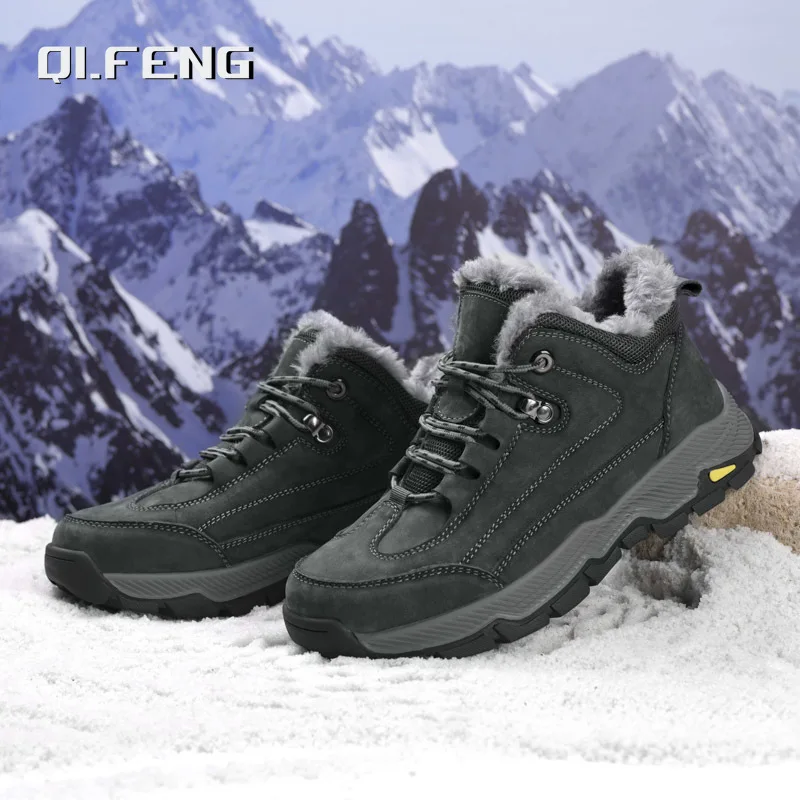 Winter New Outdoor Mountaineering Large Sized Footwear Snow Warmth Plush Genuine Leather Shoes Casual Non Slip Couple Sneaker