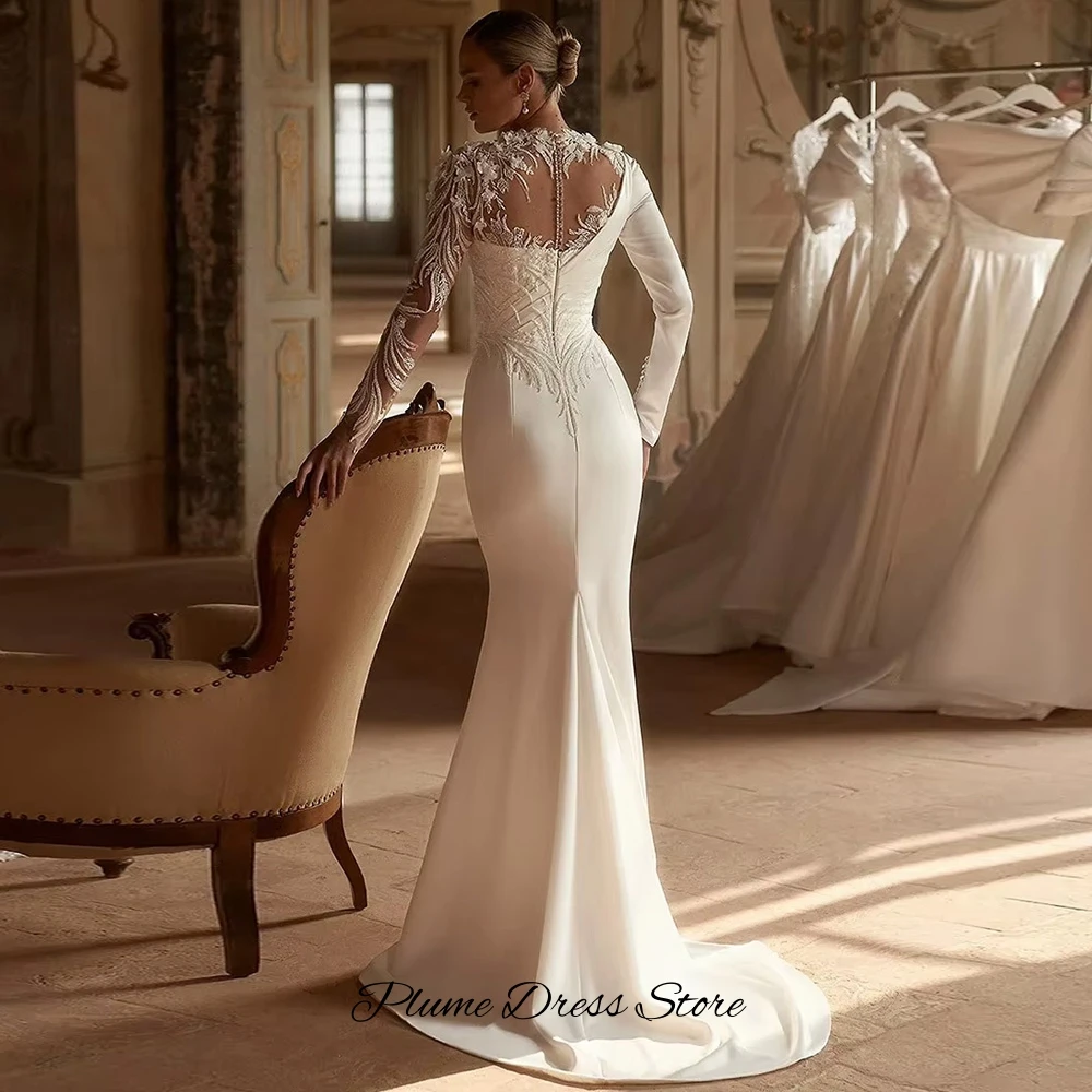 Elegant Mermaid Long Sleeves Bridal Gown Delicate Handmade Flower Beading Wedding Dress Classic Jersey Customized Robe de mariée