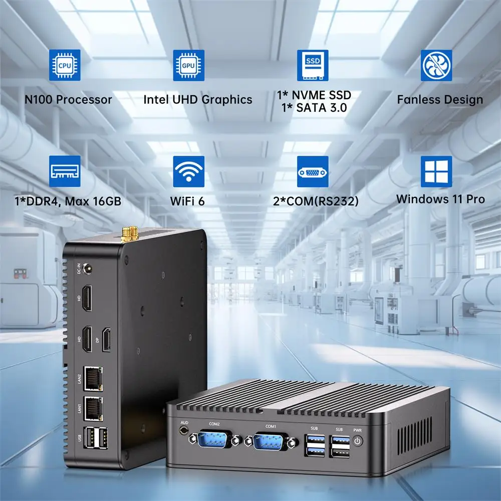 MSECORE MU6 인텔 N100 팬리스 미니 PC 윈도우 11 산업용 컴퓨터 HTPC 사무용 휴대용 PC 4개 USB 포트 2개 COM 포트 2개 LAN 포트 DP 포트 2개 HDMI 포트