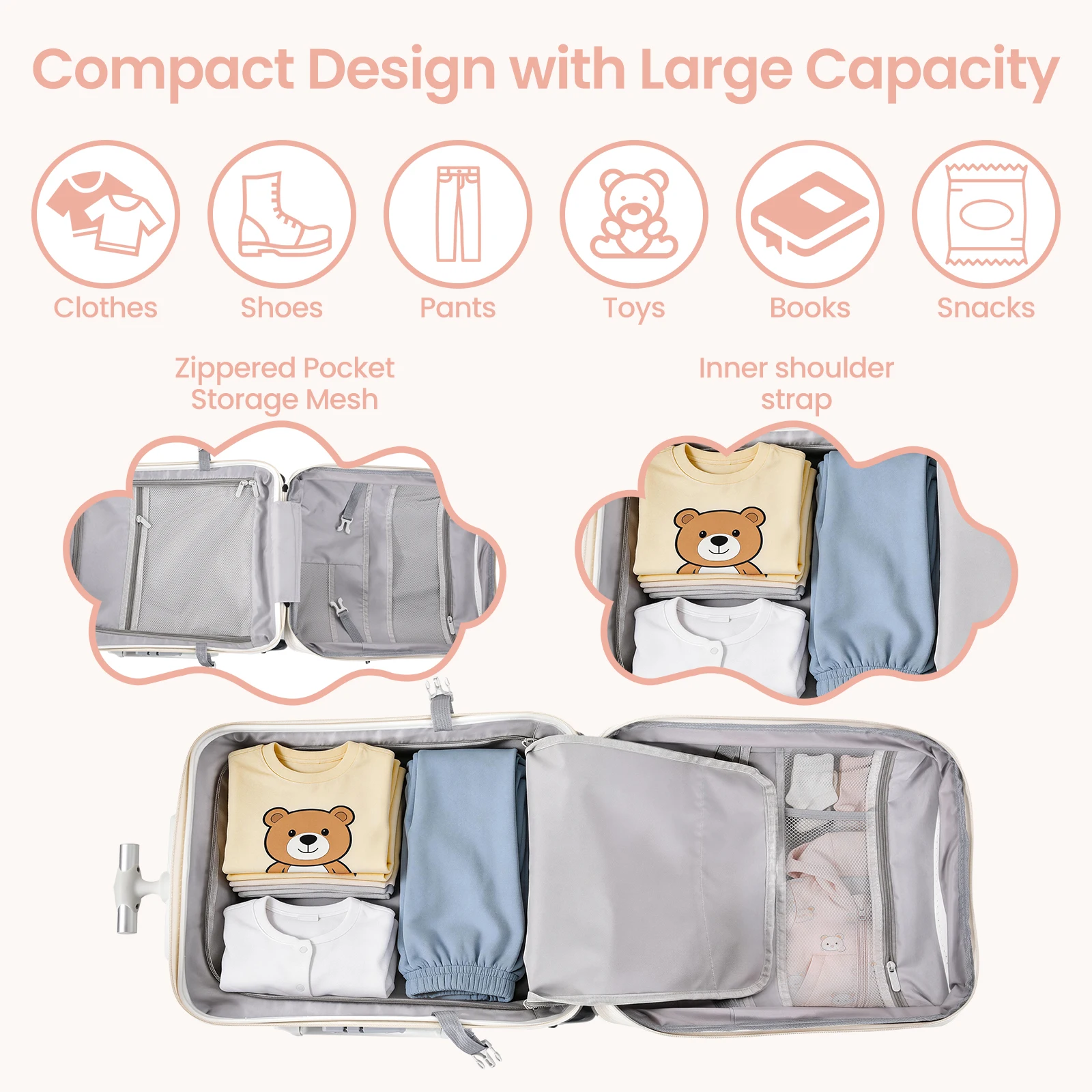Kids Ride on Suitcase 20 Inch Stroller Luggage 2 in 1, Rideable Carry on Travel Bag with Detachable Seat, Toddler Suitcase with Smooth Spinner Wheels and Telescoping Handle for Boys Girls, Blue and Pink view 6