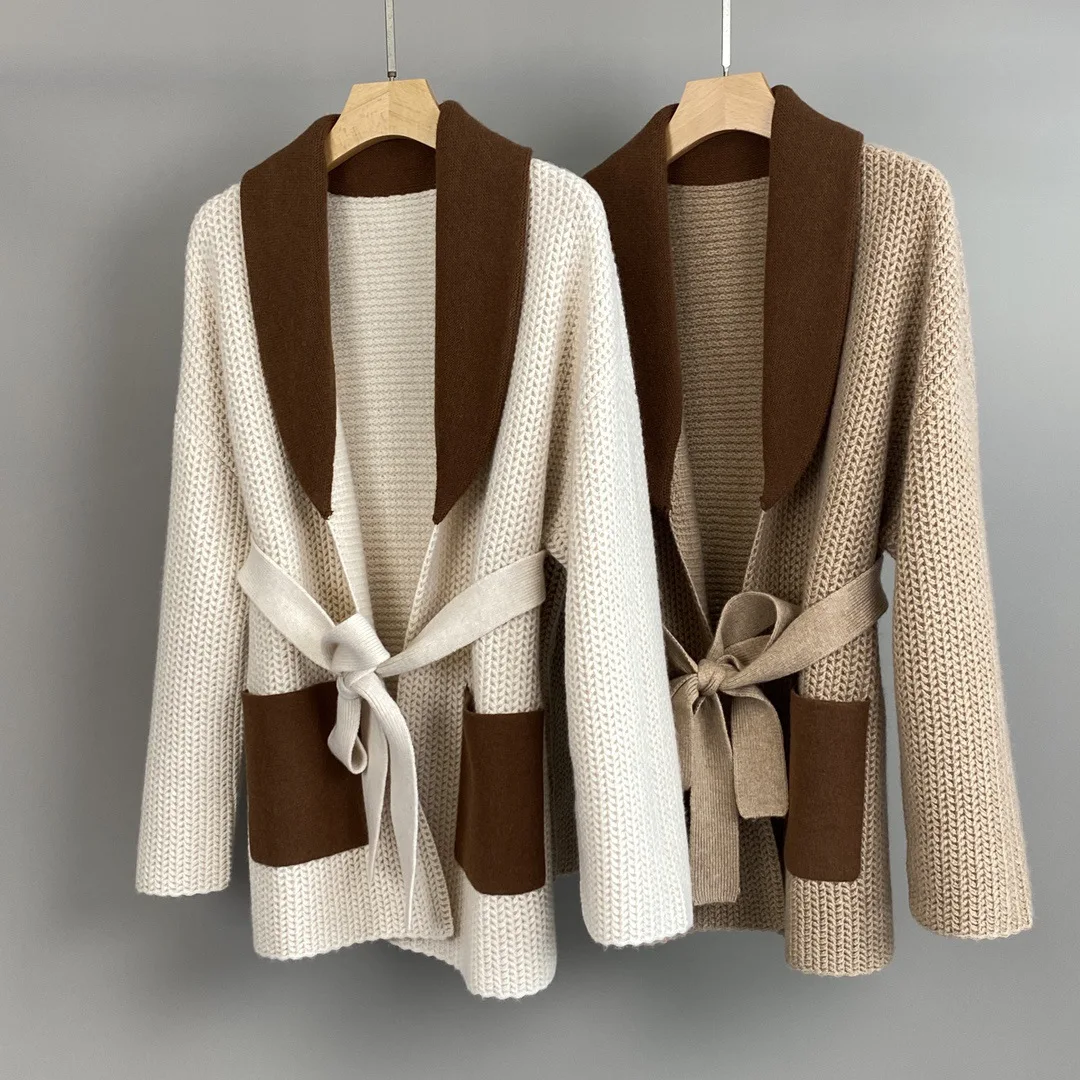 Contrast-Color Collar Cashmere Cardigan Knit Jacket Stylish, Comfortable, Versatile Women'S