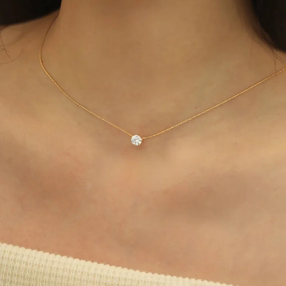

Stainless Steel Gold Plated Dainty Minimalist Zircon Charm Anti Tarnish Chain Round Clear Cz Stone Necklace for Women Jewelry
