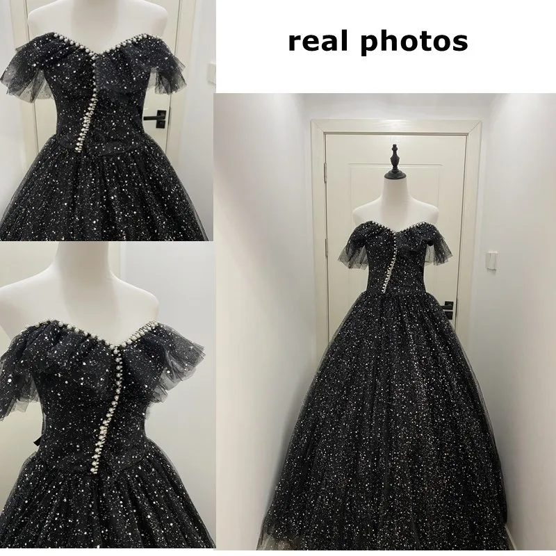 Black Ball Gown Simple Luxury Bling Shiny Quinceanera Dresses Classic Off The Shoulder Long Puffy Dress For Prom Customized