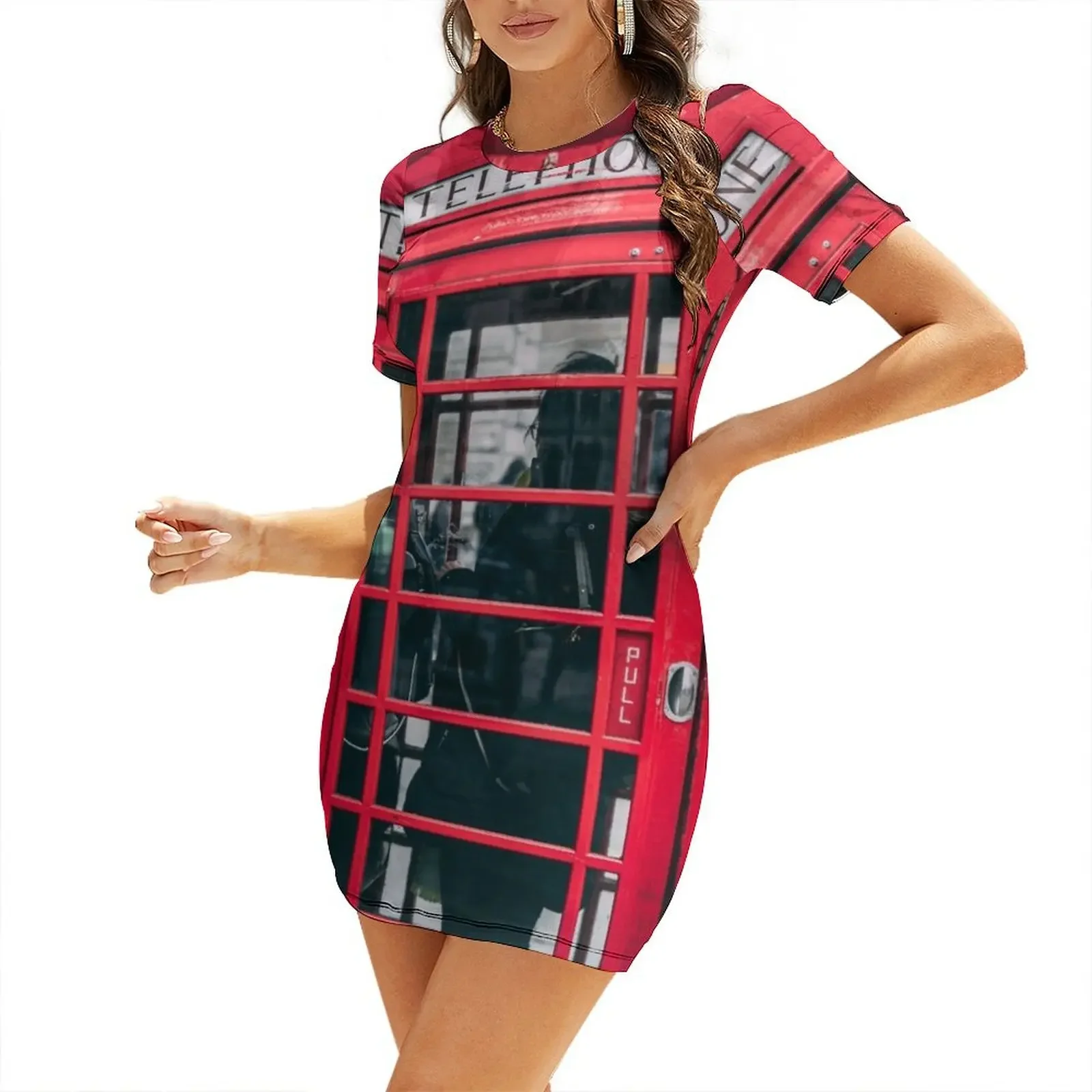 Vestido feminino de manga curta com estampa de cabine telefônica vermelha de Londres, vestido de luxo, elegante e solto.