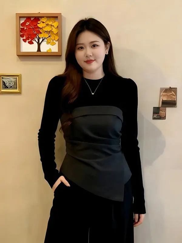 

plus Size Korean Sle Color Blo Long Sve T-irt Women's Early Spring Slimming Waist Design Faionable Top