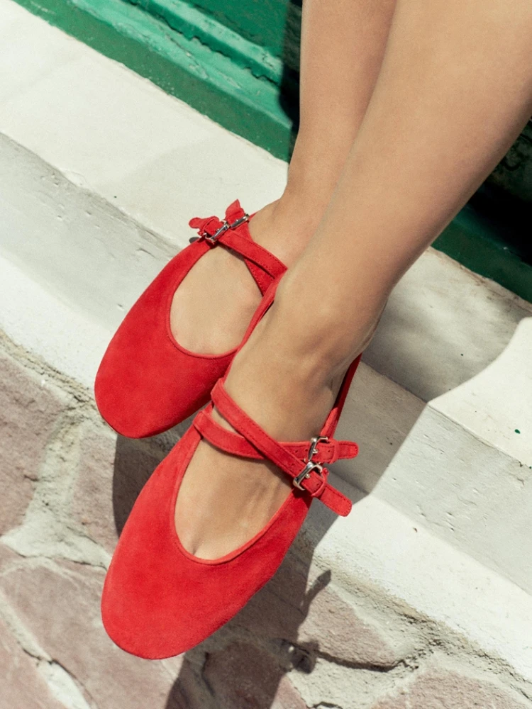 

New Spring Summer 2025 Traf Mary Jane Claret Red Round Toe Retro Sexy Fashion Ballet Flats Luxury Designer Shoes for Women