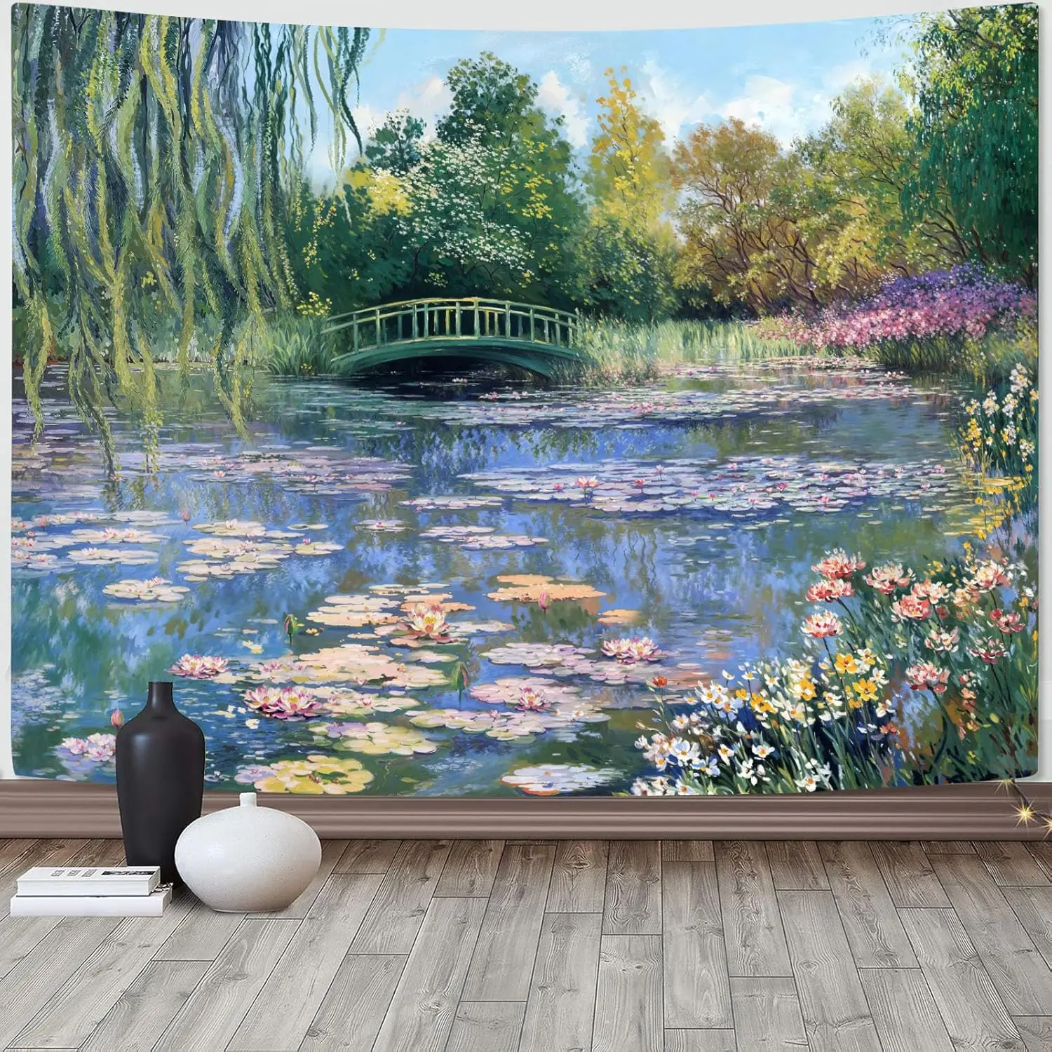 Monet Seerosen Wandteppich, grüne Blumen, Pflanzenwandteppiche, ästhetische Monet-Wandkunst, Poster, Natur, Blumengarten, Landschaft, klein