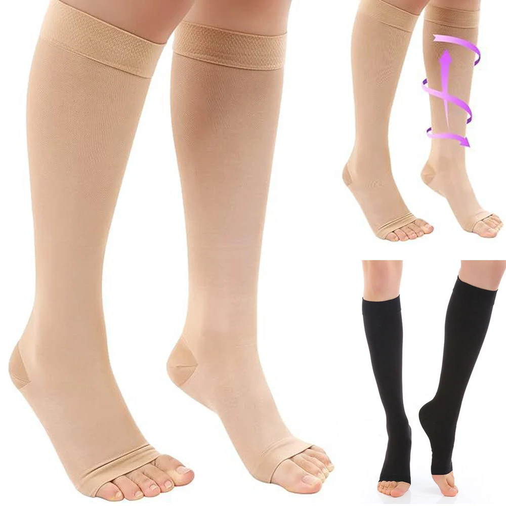 

1 Pairs Calf Compression Socks Knee High Open Toe Graduated Pressure Support for Varicose Veins Shaping Elastic Socks
